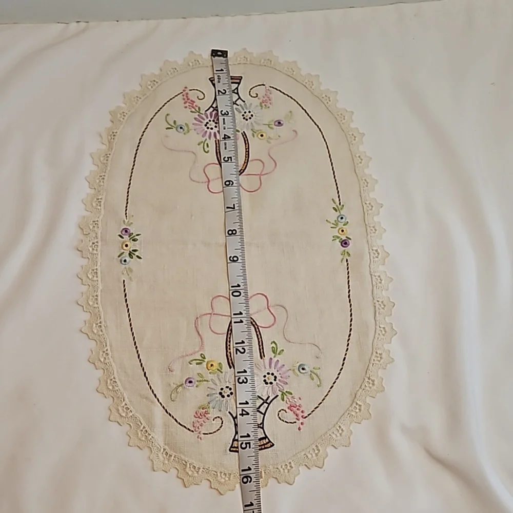 Vintage Hand Stitched Needlepoint Doily Oval Floral